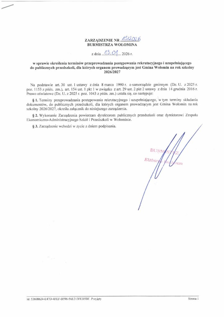 Zarządzenie W Sprawie Rekrutacji Do Przedszkoli 2026 2027 Page 0001